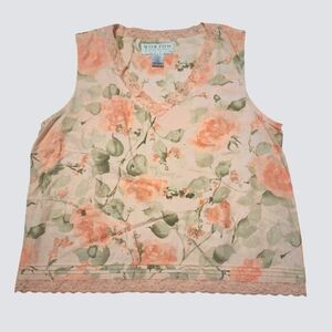 Vtg Norton pink green lace cottage fairy core L linen blend camisole tank top